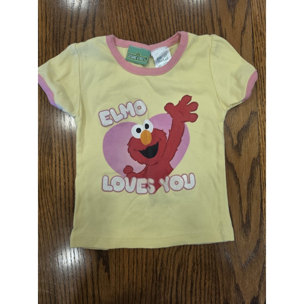 Y2K Vintage Sesame Street Elmo Loves‎ You Ringer Shirt 4T Glitter Back To School